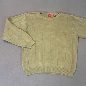 Arrow Mens Medium Windowpane Sweater Olive Green 100% Cotton Heavyweight Grandpa